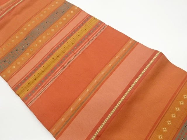 Nagoya obi woven with geometric and floral patterns in horizontal strips